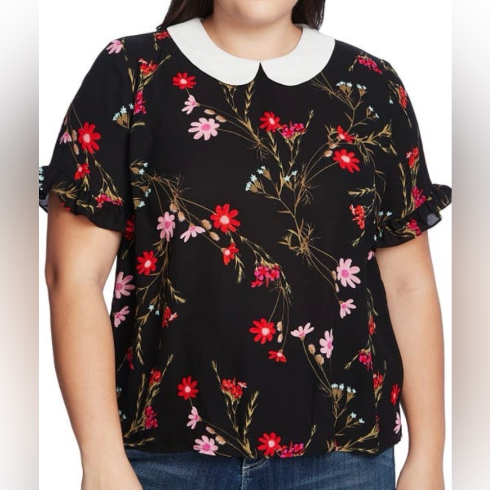 CeCe Black Floral Blouse with White Collar